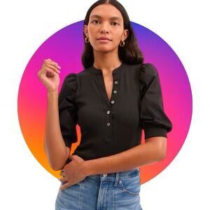 Veronica Beard Coralee Puff Sleeve Blouse Top Womens M L Black Pima Cotton NWOT